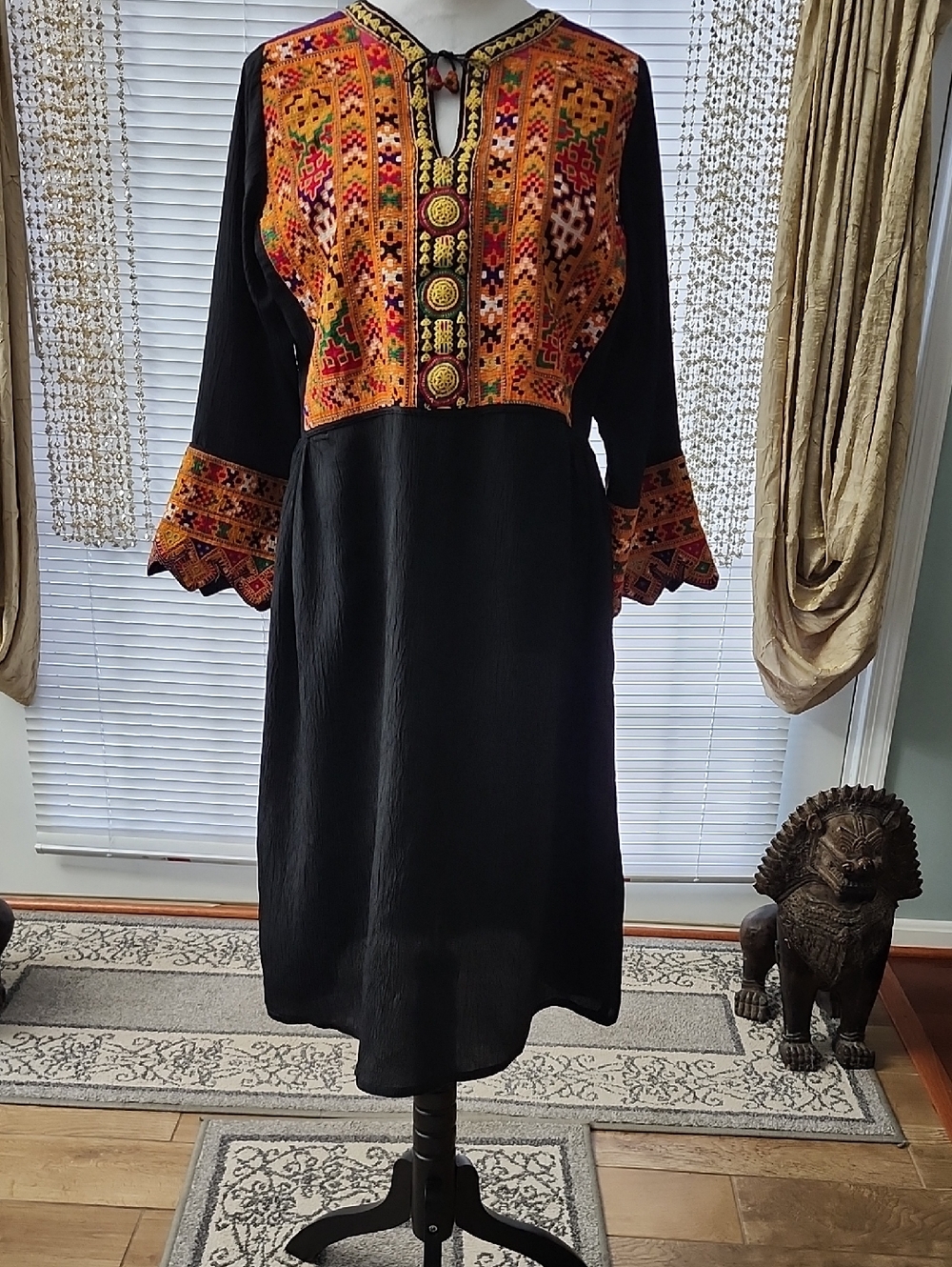Black Long-Sleeve Dress with Orange Embroidered Yoke and Cuffs